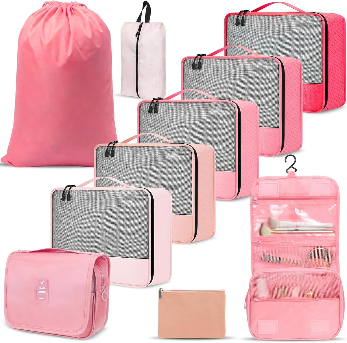9 Pcs Packing Cubes Set for Travel with Waterproof Clothing Cubes Toiletry Shoe Laundry Jewelry Bag for Women Men(Light Blue)