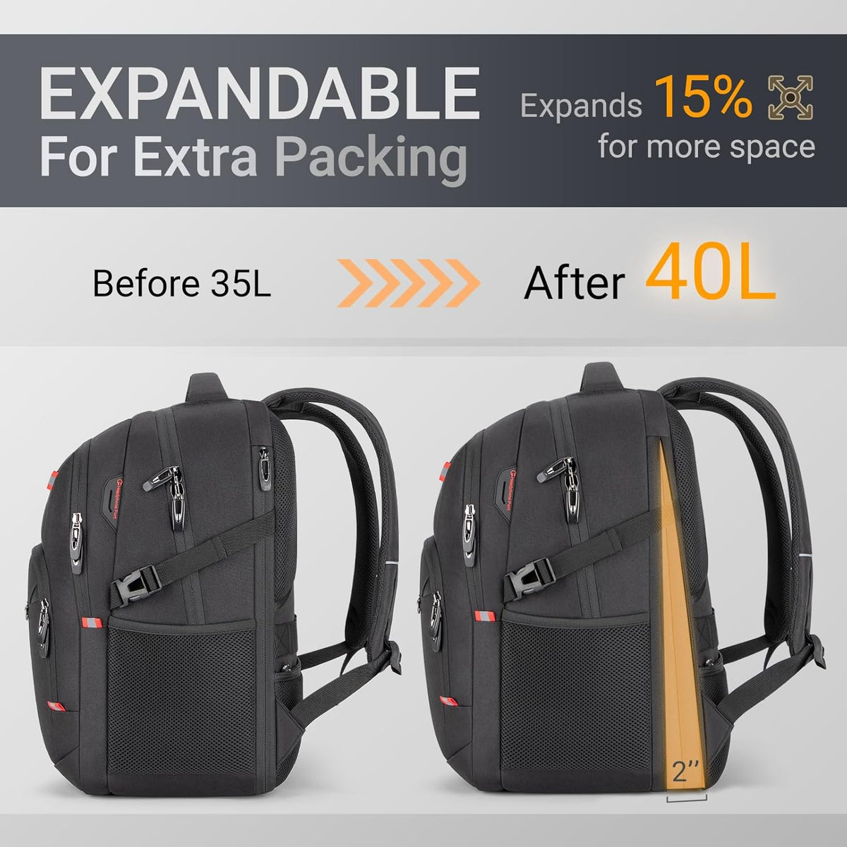 40L Expandable Laptop Backpack, Anti-thief Travel Backpack with USB Charging Port, Airline Approved Business Waterproof Carry on Luggage, Fits 15.6" Laptop for Men Women