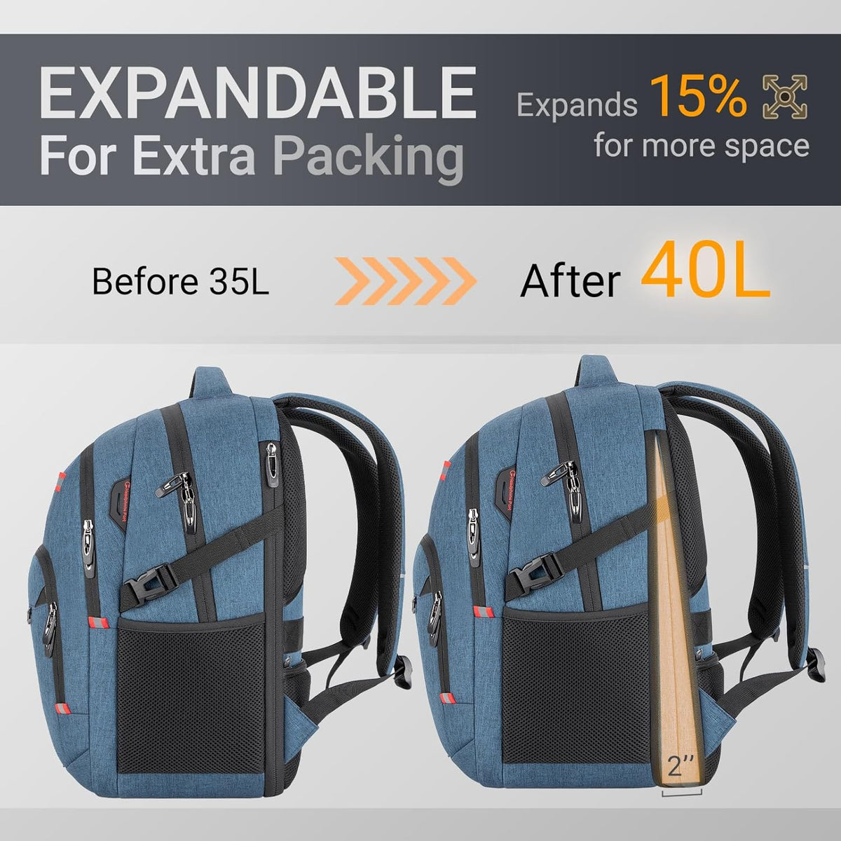 40L Expandable Laptop Backpack, Anti-thief Travel Backpack with USB Charging Port, Airline Approved Business Waterproof Carry on Luggage, Fits 15.6" Laptop for Men Women