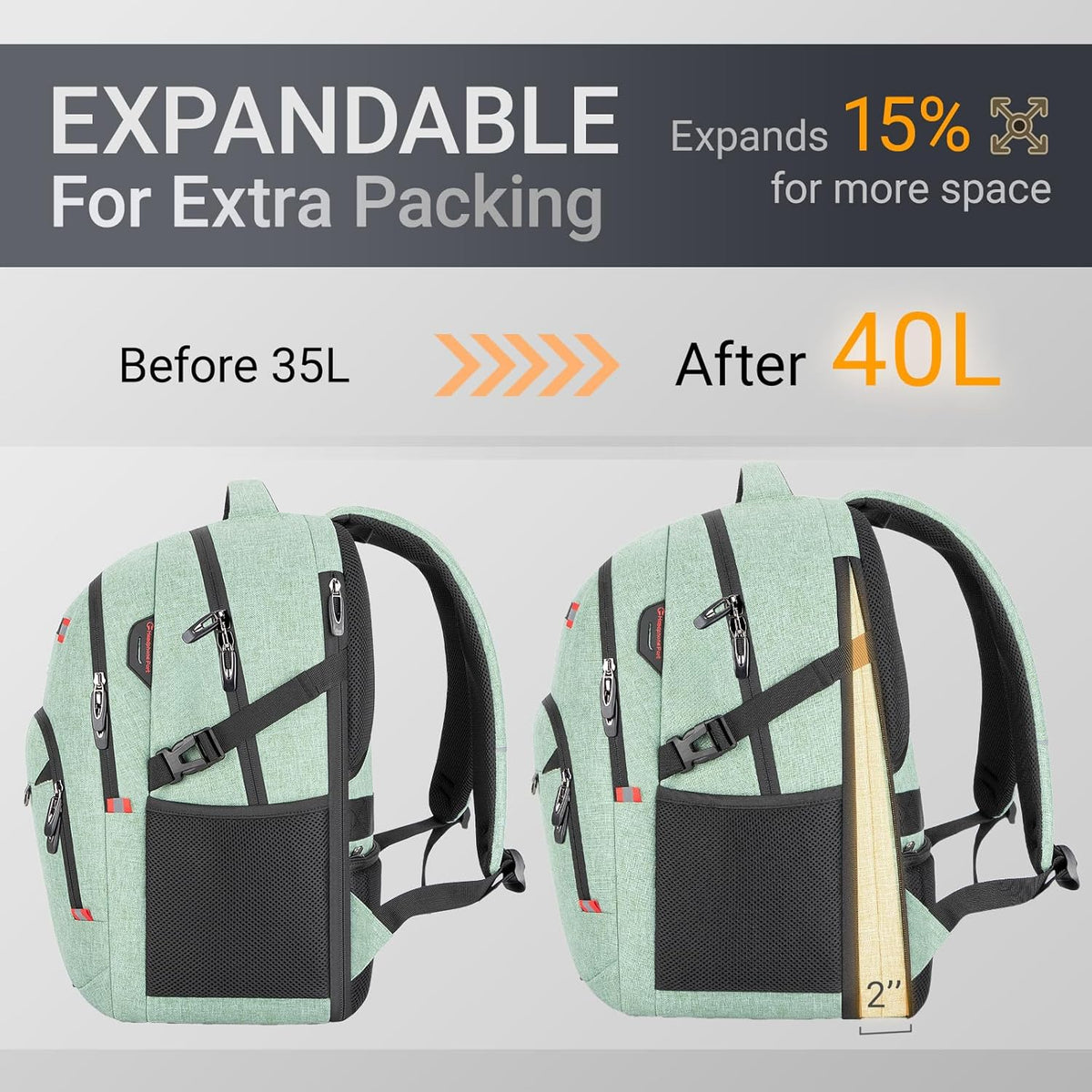 40L Expandable Laptop Backpack, Anti-thief Travel Backpack with USB Charging Port, Airline Approved Business Waterproof Carry on Luggage, Fits 15.6" Laptop for Men Women