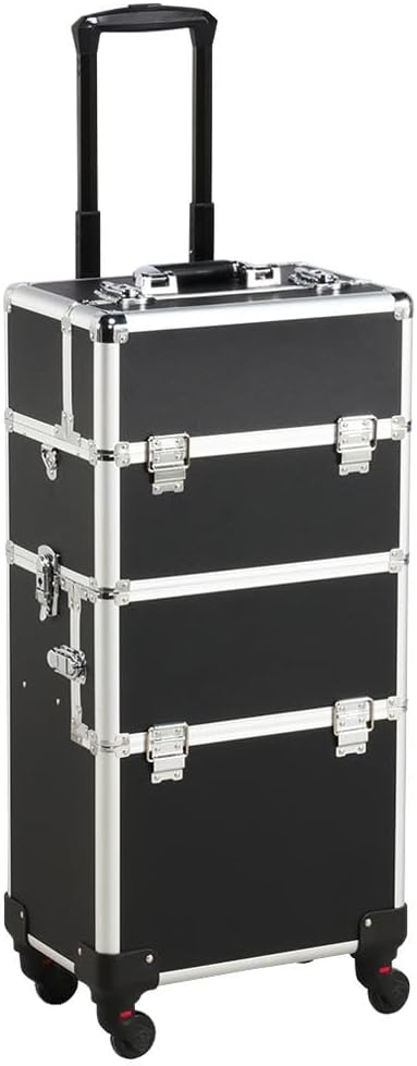 Rolling Makeup Train Case, Cosmetology Nail Organizer, Black | Aluminum frame and PVC shell hold a full 66 lb kit; movable dividers organize every tool, and it splits to travel on wheels