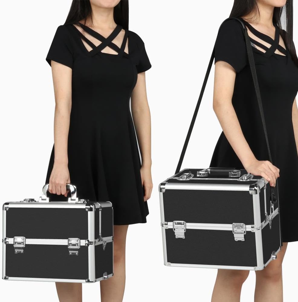 Rolling Makeup Train Case, Cosmetology Nail Organizer, Black | Aluminum frame and PVC shell hold a full 66 lb kit; movable dividers organize every tool, and it splits to travel on wheels