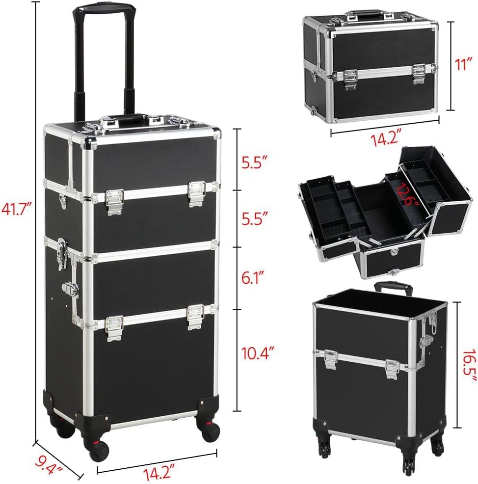 Rolling Makeup Train Case, Cosmetology Nail Organizer, Black | Aluminum frame and PVC shell hold a full 66 lb kit; movable dividers organize every tool, and it splits to travel on wheels