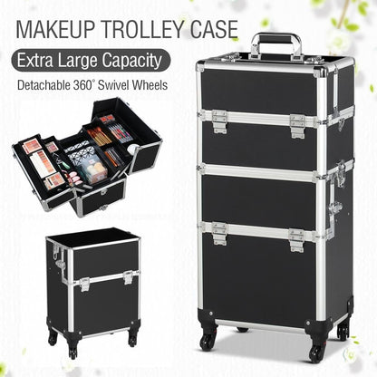 Rolling Makeup Train Case, Cosmetology Nail Organizer, Black | Aluminum frame and PVC shell hold a full 66 lb kit; movable dividers organize every tool, and it splits to travel on wheels