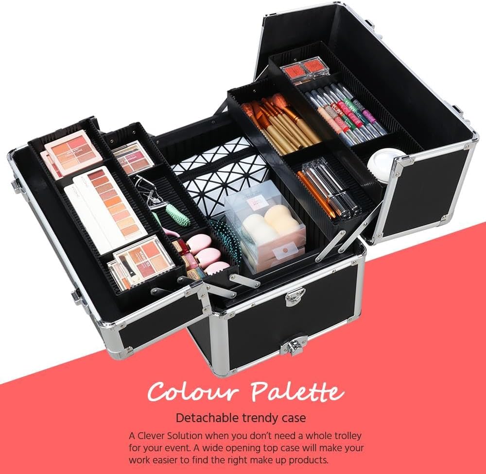 Rolling Makeup Train Case, Cosmetology Nail Organizer, Black | Aluminum frame and PVC shell hold a full 66 lb kit; movable dividers organize every tool, and it splits to travel on wheels