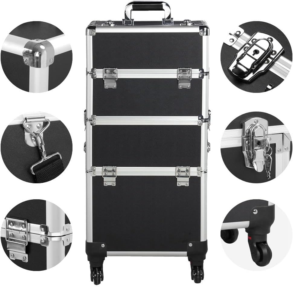 Rolling Makeup Train Case, Cosmetology Nail Organizer, Black | Aluminum frame and PVC shell hold a full 66 lb kit; movable dividers organize every tool, and it splits to travel on wheels