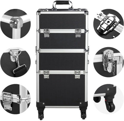Rolling Makeup Train Case, Cosmetology Nail Organizer, Black | Aluminum frame and PVC shell hold a full 66 lb kit; movable dividers organize every tool, and it splits to travel on wheels