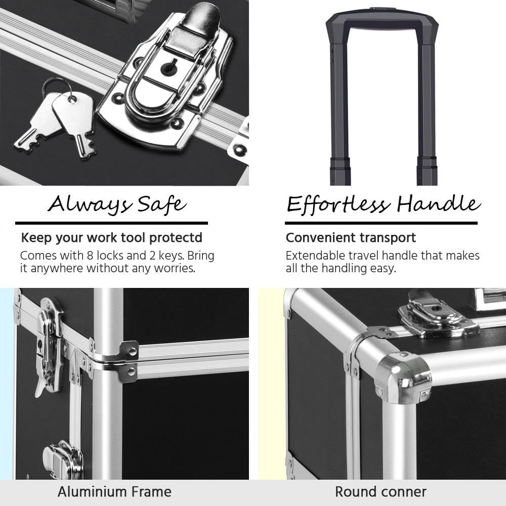 Rolling Makeup Train Case, Cosmetology Nail Organizer, Black | Aluminum frame and PVC shell hold a full 66 lb kit; movable dividers organize every tool, and it splits to travel on wheels