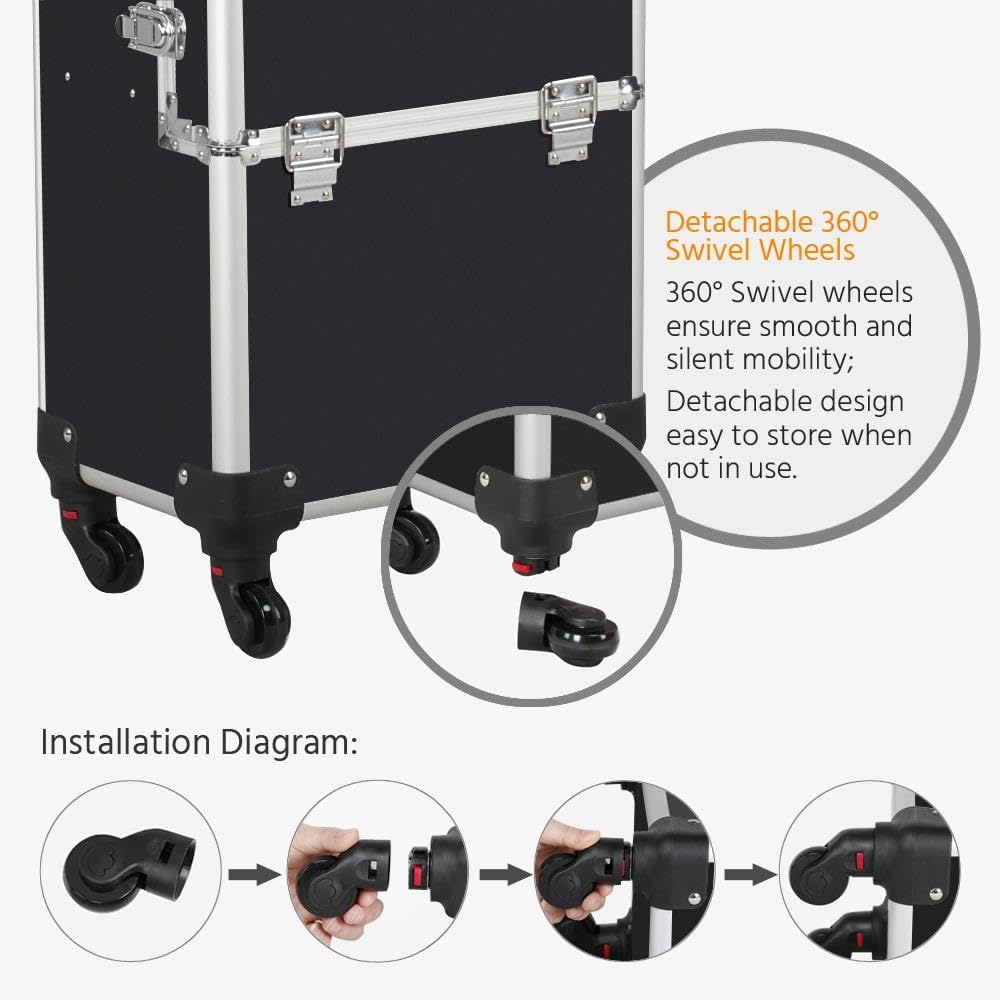 Rolling Makeup Train Case, Cosmetology Nail Organizer, Black | Aluminum frame and PVC shell hold a full 66 lb kit; movable dividers organize every tool, and it splits to travel on wheels