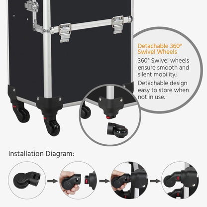 Rolling Makeup Train Case, Cosmetology Nail Organizer, Black | Aluminum frame and PVC shell hold a full 66 lb kit; movable dividers organize every tool, and it splits to travel on wheels