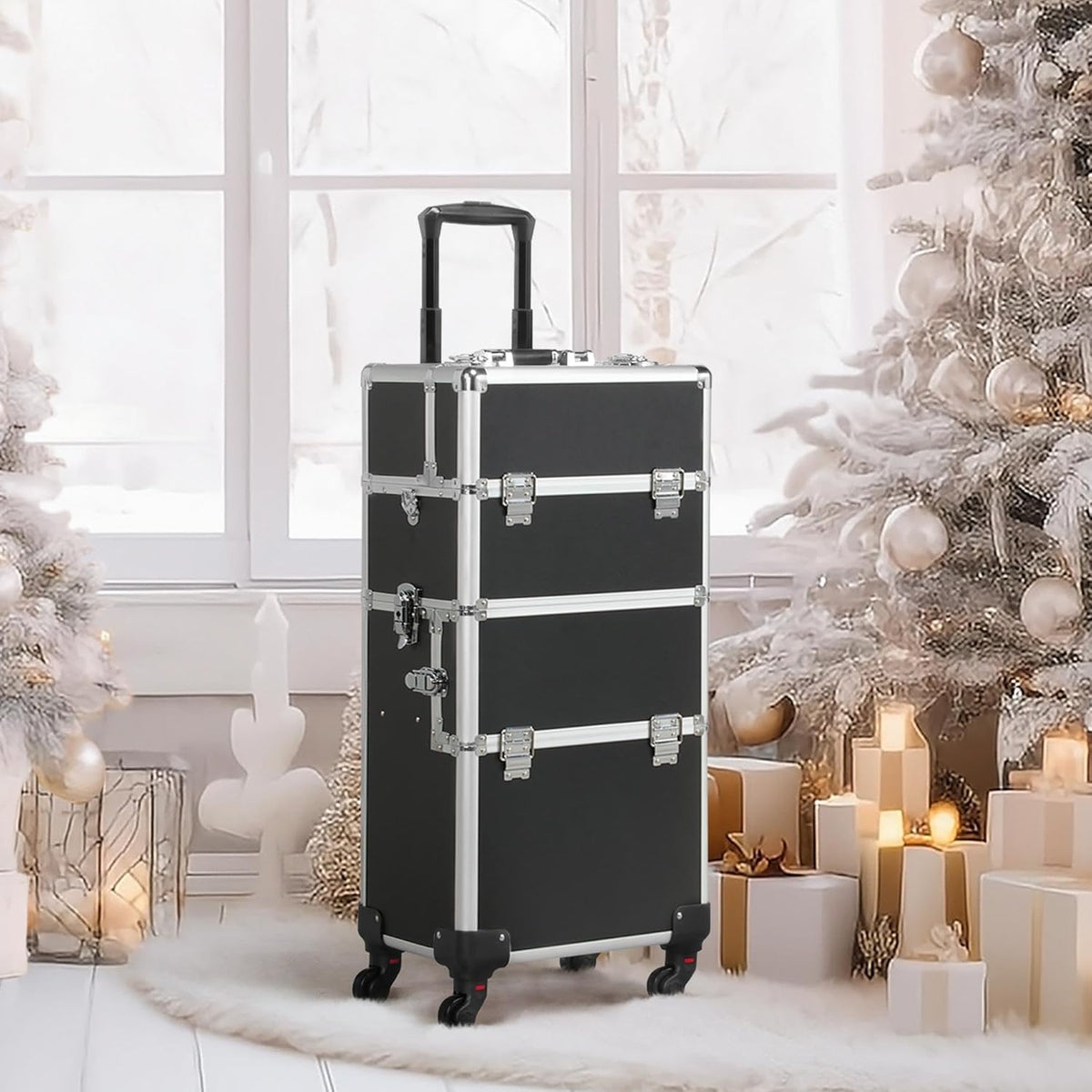 Rolling Makeup Train Case, Cosmetology Nail Organizer, Black | Aluminum frame and PVC shell hold a full 66 lb kit; movable dividers organize every tool, and it splits to travel on wheels