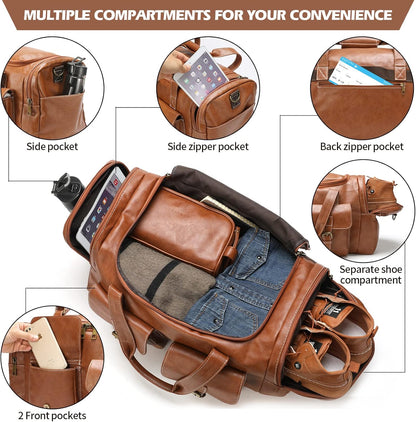 Zeroway PU Leather Travel Duffel Bag with Toiletry Dopp Kit and Laundry Bag, Weekender Overnight bag Luggage Carry-On Bag with Shoe Pouch for Men or Women Brown