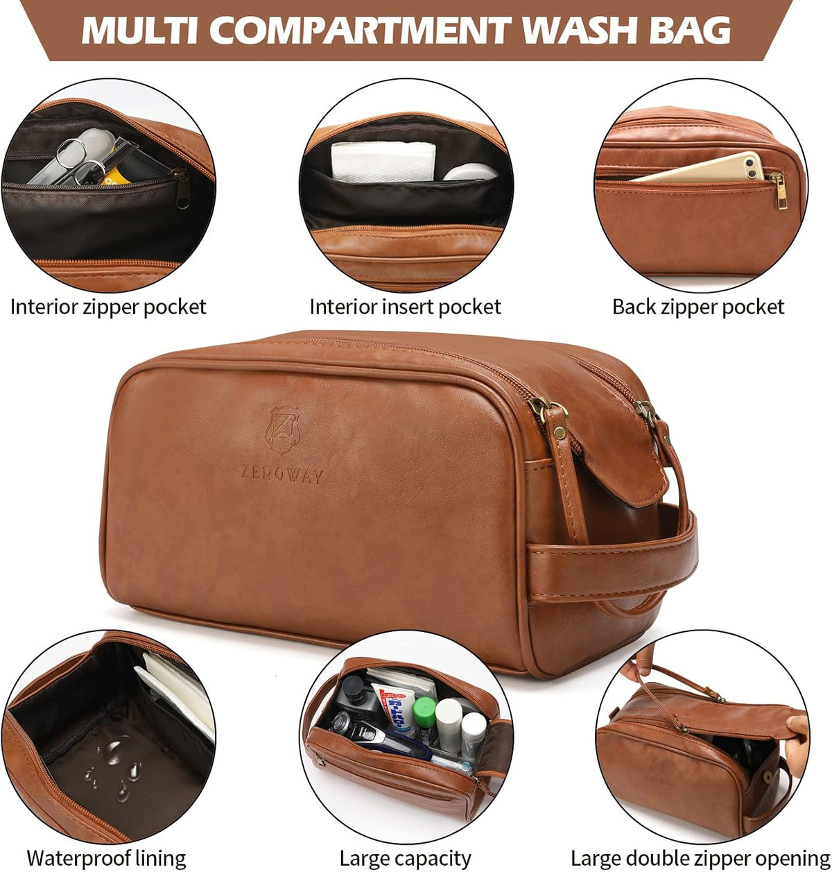 Zeroway PU Leather Travel Duffel Bag with Toiletry Dopp Kit and Laundry Bag, Weekender Overnight bag Luggage Carry-On Bag with Shoe Pouch for Men or Women Brown