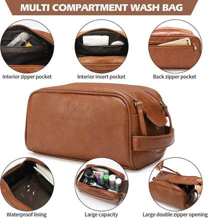 Zeroway PU Leather Travel Duffel Bag with Toiletry Dopp Kit and Laundry Bag, Weekender Overnight bag Luggage Carry-On Bag with Shoe Pouch for Men or Women Brown