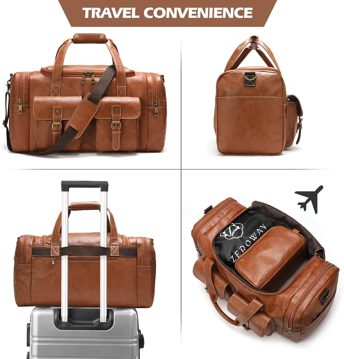 Zeroway PU Leather Travel Duffel Bag with Toiletry Dopp Kit and Laundry Bag, Weekender Overnight bag Luggage Carry-On Bag with Shoe Pouch for Men or Women Brown