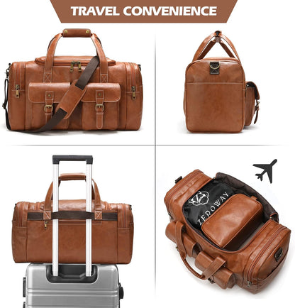 Zeroway PU Leather Travel Duffel Bag with Toiletry Dopp Kit and Laundry Bag, Weekender Overnight bag Luggage Carry-On Bag with Shoe Pouch for Men or Women Brown