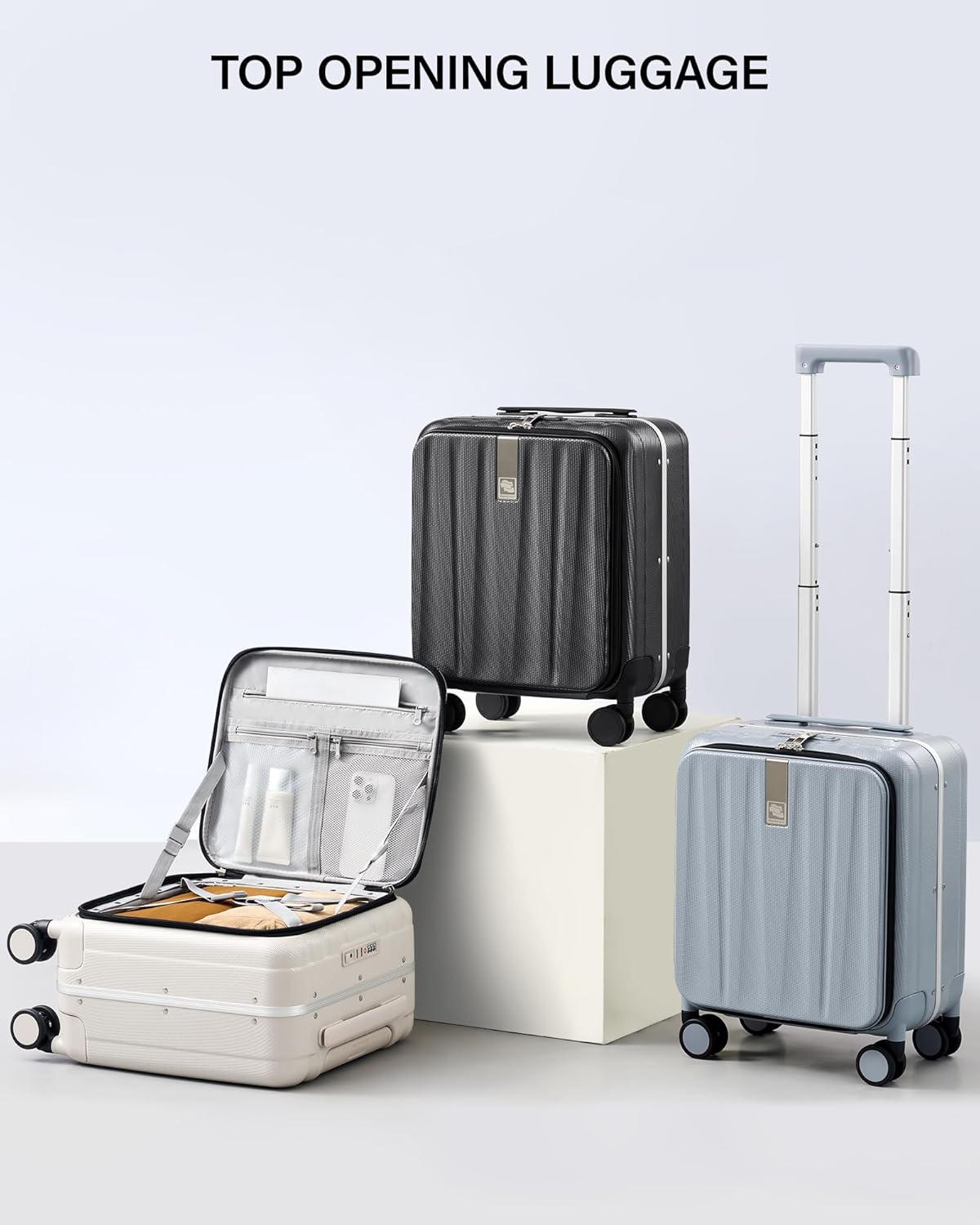 16 Inch Underseat Carry On Luggage with Wheels,Small Hard Shell Suitcases for Weekender,Top Opening Lightweight Travel Luggage Suitcase for Womem Men,Ivory White.