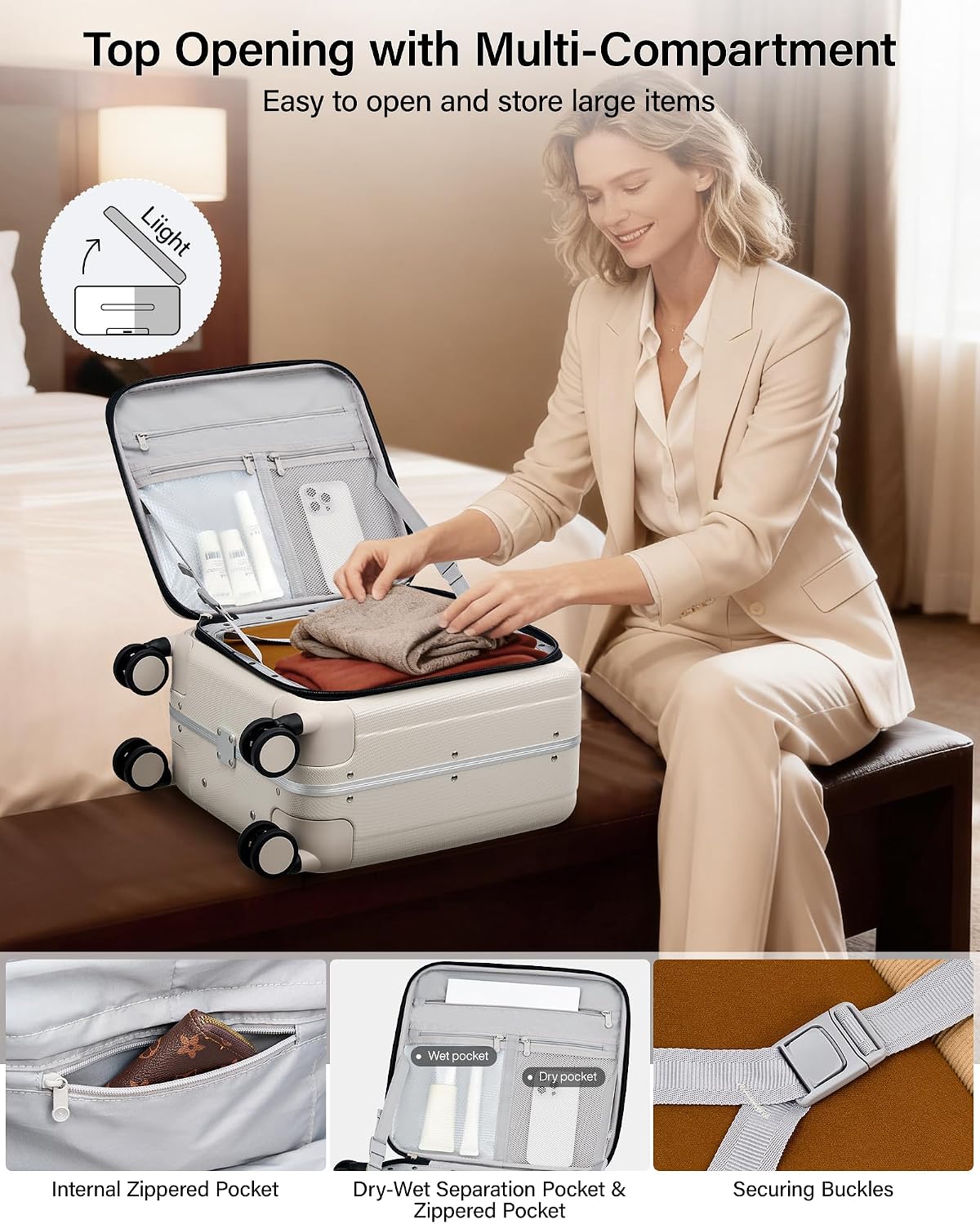 16 Inch Underseat Carry On Luggage with Wheels,Small Hard Shell Suitcases for Weekender,Top Opening Lightweight Travel Luggage Suitcase for Womem Men,Ivory White.