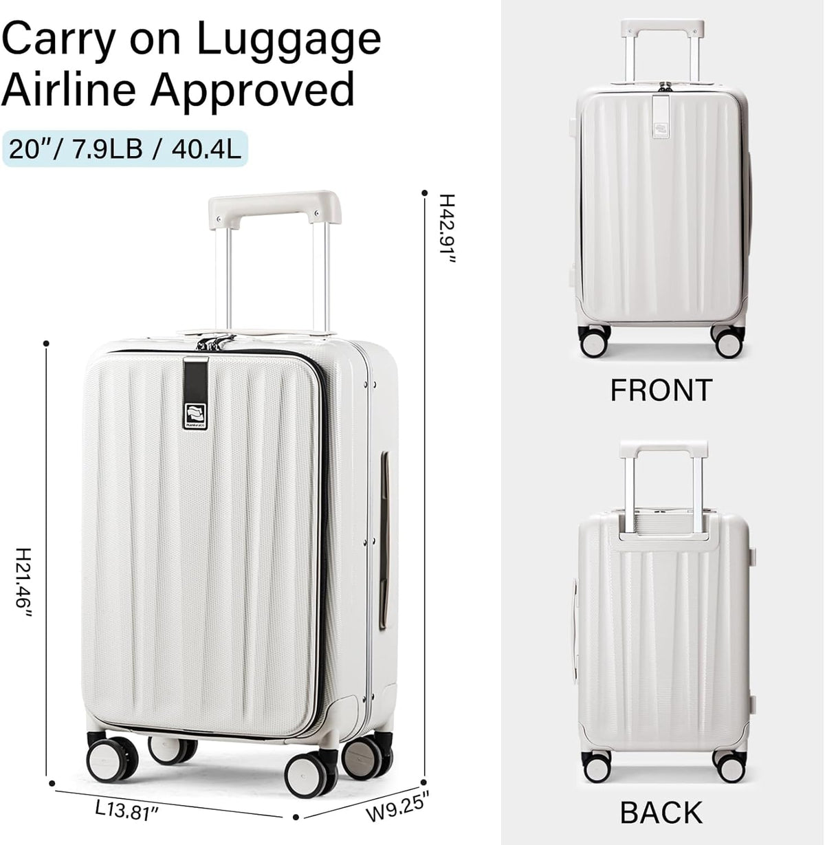16 Inch Underseat Carry On Luggage with Wheels,Small Hard Shell Suitcases for Weekender,Top Opening Lightweight Travel Luggage Suitcase for Womem Men,Ivory White.