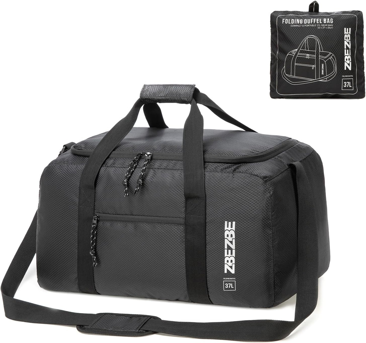 Foldable Travel Duffel Bag, 37L Lightweight Carry-on Weekender Bag with Wet Pocket, Water-Repellent Packable Hospital & Sports Bag for Overnight Trip - Black