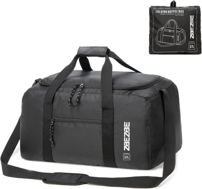 Foldable Travel Duffel Bag, 37L Lightweight Carry-on Weekender Bag with Wet Pocket, Water-Repellent Packable Hospital & Sports Bag for Overnight Trip - Black