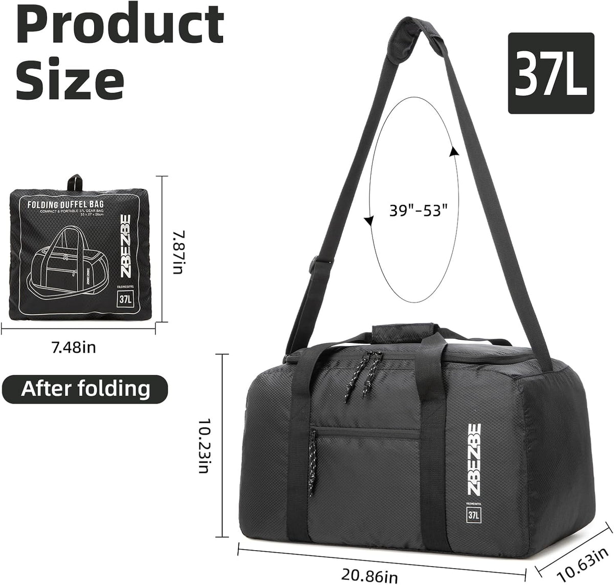 Foldable Travel Duffel Bag, 37L Lightweight Carry-on Weekender Bag with Wet Pocket, Water-Repellent Packable Hospital & Sports Bag for Overnight Trip - Black