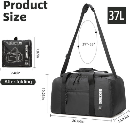 Foldable Travel Duffel Bag, 37L Lightweight Carry-on Weekender Bag with Wet Pocket, Water-Repellent Packable Hospital & Sports Bag for Overnight Trip - Black