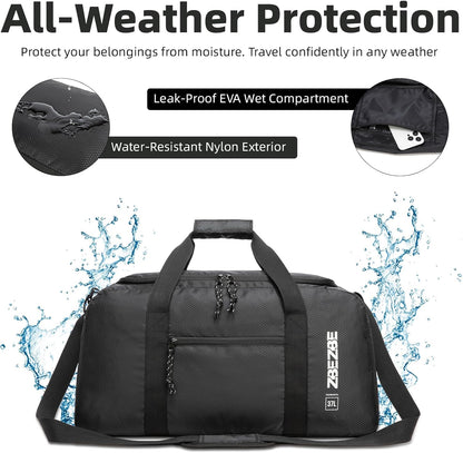 Foldable Travel Duffel Bag, 37L Lightweight Carry-on Weekender Bag with Wet Pocket, Water-Repellent Packable Hospital & Sports Bag for Overnight Trip - Black