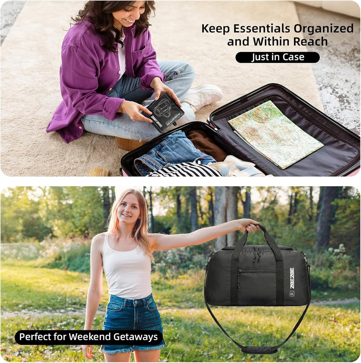 Foldable Travel Duffel Bag, 37L Lightweight Carry-on Weekender Bag with Wet Pocket, Water-Repellent Packable Hospital & Sports Bag for Overnight Trip - Black