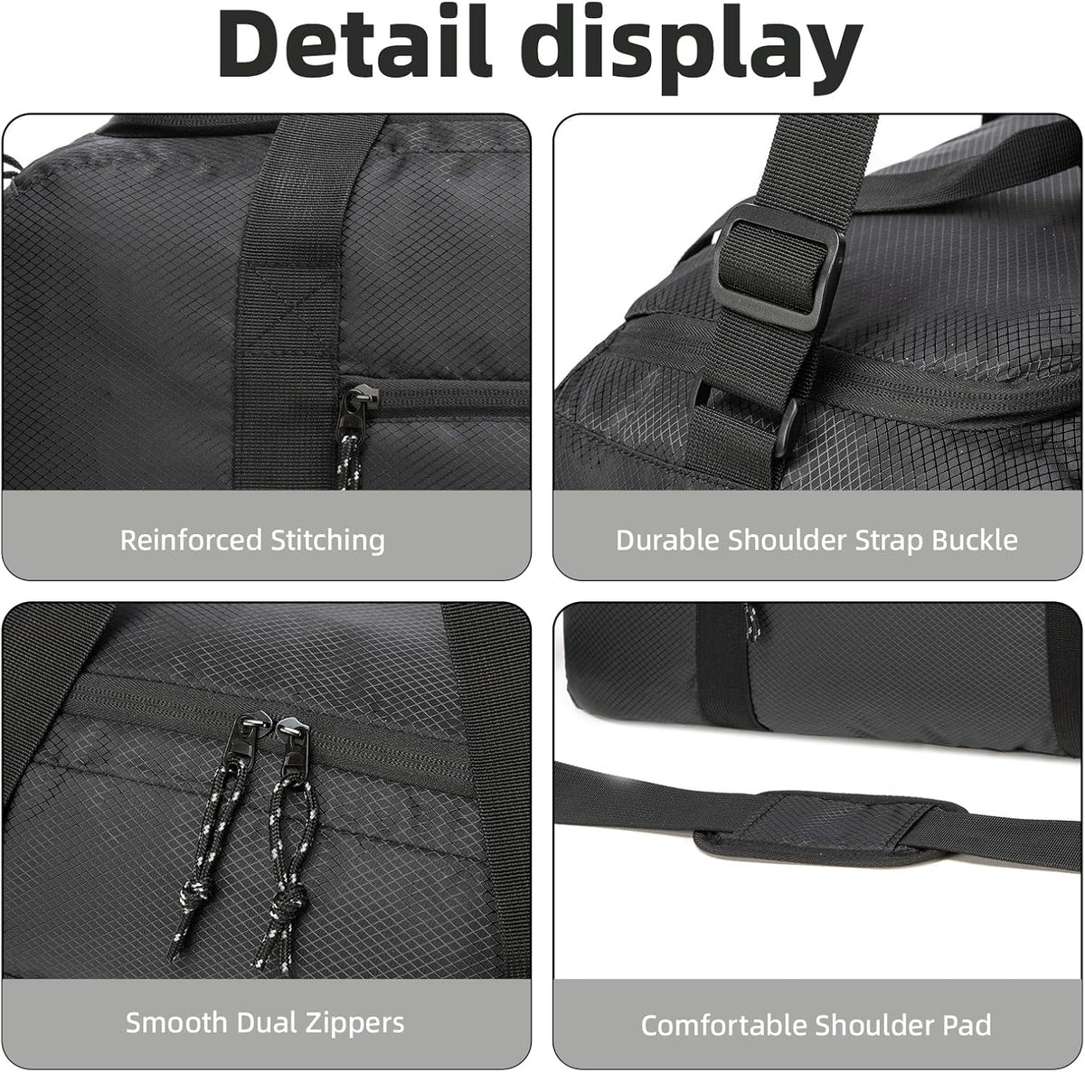 Foldable Travel Duffel Bag, 37L Lightweight Carry-on Weekender Bag with Wet Pocket, Water-Repellent Packable Hospital & Sports Bag for Overnight Trip - Black