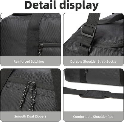 Foldable Travel Duffel Bag, 37L Lightweight Carry-on Weekender Bag with Wet Pocket, Water-Repellent Packable Hospital & Sports Bag for Overnight Trip - Black