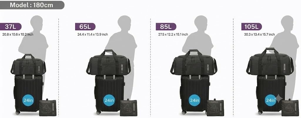 Foldable Travel Duffel Bag, 37L Lightweight Carry-on Weekender Bag with Wet Pocket, Water-Repellent Packable Hospital & Sports Bag for Overnight Trip - Black