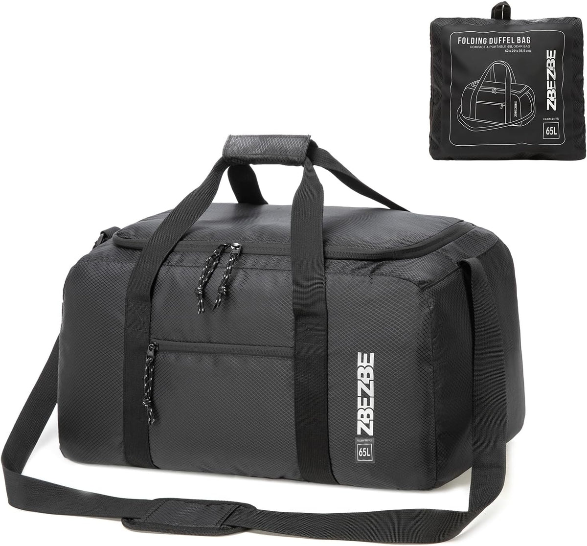 Foldable Travel Duffel Bag, 37L Lightweight Carry-on Weekender Bag with Wet Pocket, Water-Repellent Packable Hospital & Sports Bag for Overnight Trip - Black