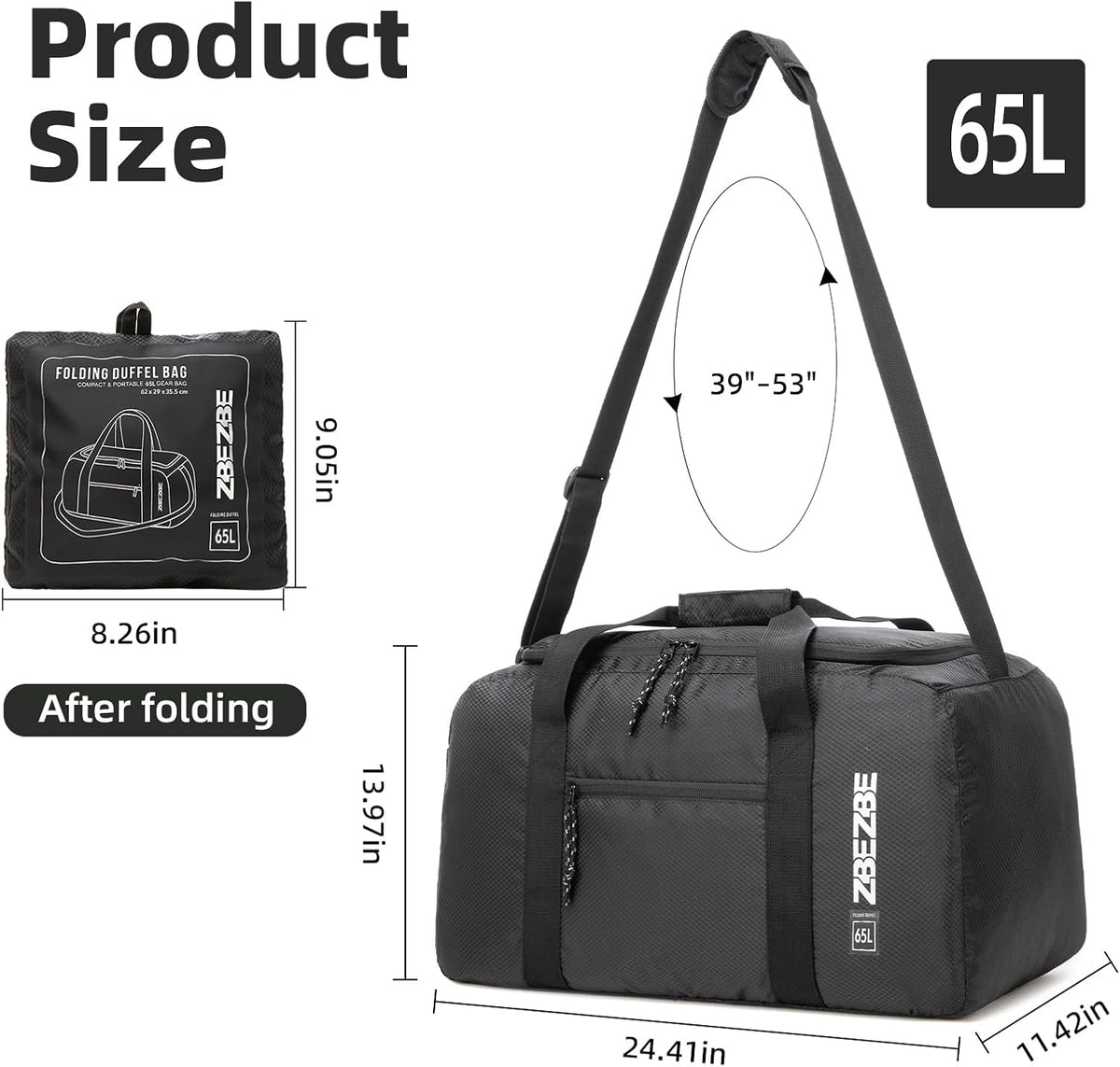 Foldable Travel Duffel Bag, 37L Lightweight Carry-on Weekender Bag with Wet Pocket, Water-Repellent Packable Hospital & Sports Bag for Overnight Trip - Black