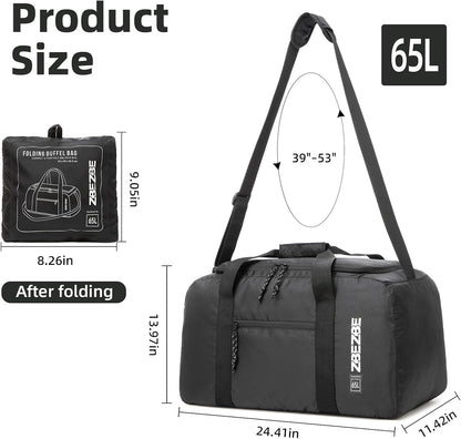 Foldable Travel Duffel Bag, 37L Lightweight Carry-on Weekender Bag with Wet Pocket, Water-Repellent Packable Hospital & Sports Bag for Overnight Trip - Black