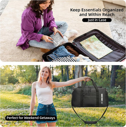 Foldable Travel Duffel Bag, 37L Lightweight Carry-on Weekender Bag with Wet Pocket, Water-Repellent Packable Hospital & Sports Bag for Overnight Trip - Black