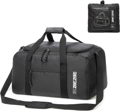 Foldable Travel Duffel Bag, 37L Lightweight Carry-on Weekender Bag with Wet Pocket, Water-Repellent Packable Hospital & Sports Bag for Overnight Trip - Black