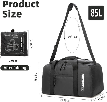 Foldable Travel Duffel Bag, 37L Lightweight Carry-on Weekender Bag with Wet Pocket, Water-Repellent Packable Hospital & Sports Bag for Overnight Trip - Black