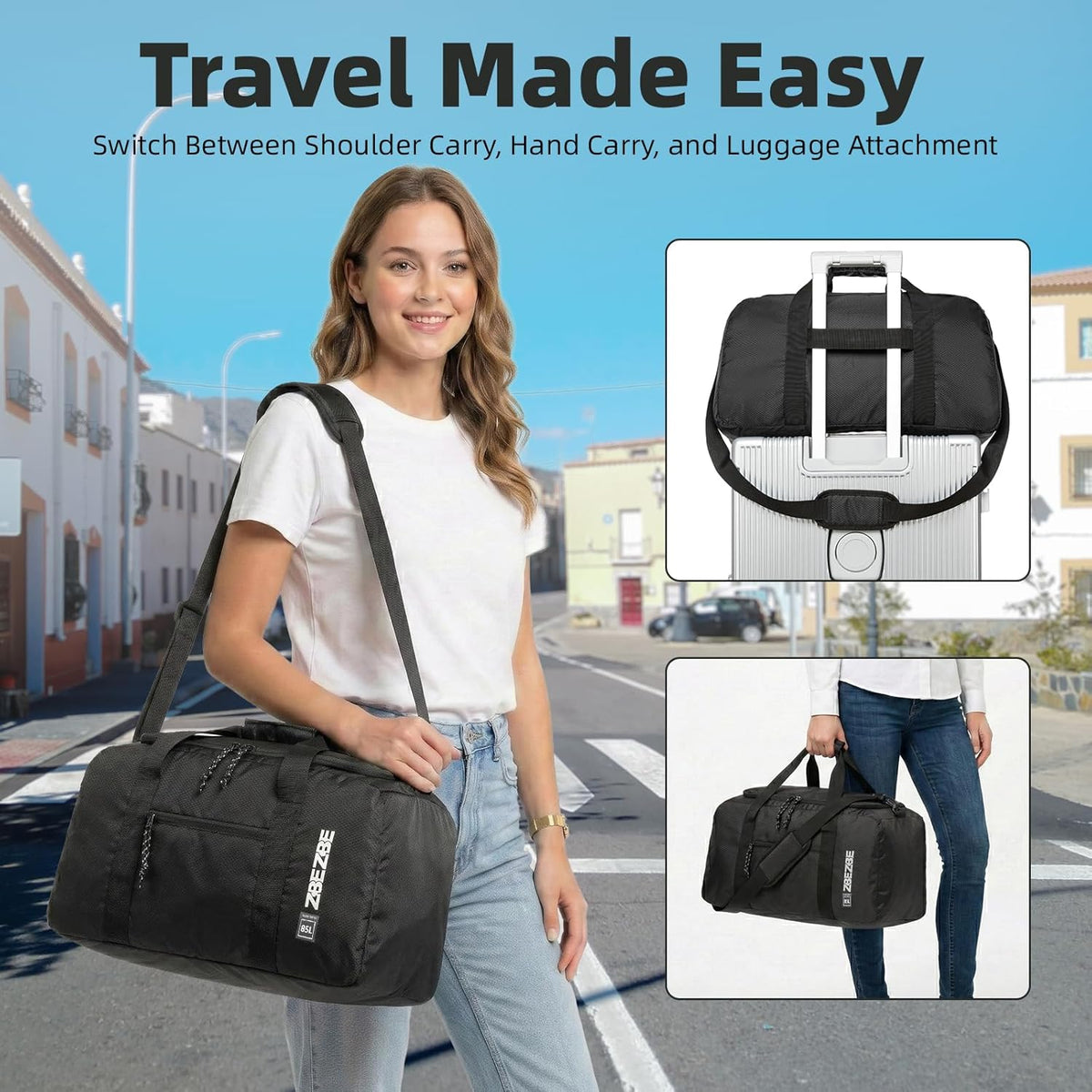 Foldable Travel Duffel Bag, 37L Lightweight Carry-on Weekender Bag with Wet Pocket, Water-Repellent Packable Hospital & Sports Bag for Overnight Trip - Black