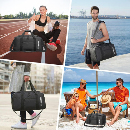Foldable Travel Duffel Bag, 37L Lightweight Carry-on Weekender Bag with Wet Pocket, Water-Repellent Packable Hospital & Sports Bag for Overnight Trip - Black