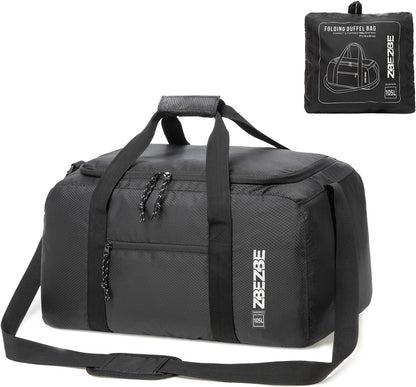 Foldable Travel Duffel Bag, 37L Lightweight Carry-on Weekender Bag with Wet Pocket, Water-Repellent Packable Hospital & Sports Bag for Overnight Trip - Black