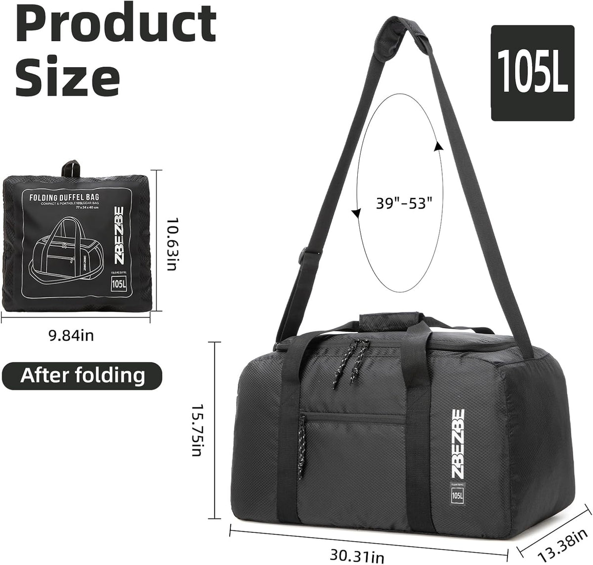Foldable Travel Duffel Bag, 37L Lightweight Carry-on Weekender Bag with Wet Pocket, Water-Repellent Packable Hospital & Sports Bag for Overnight Trip - Black