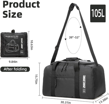 Foldable Travel Duffel Bag, 37L Lightweight Carry-on Weekender Bag with Wet Pocket, Water-Repellent Packable Hospital & Sports Bag for Overnight Trip - Black