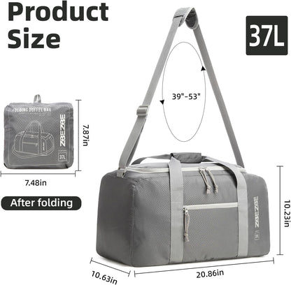 Foldable Travel Duffel Bag, 37L Lightweight Carry-on Weekender Bag with Wet Pocket, Water-Repellent Packable Hospital & Sports Bag for Overnight Trip - Black