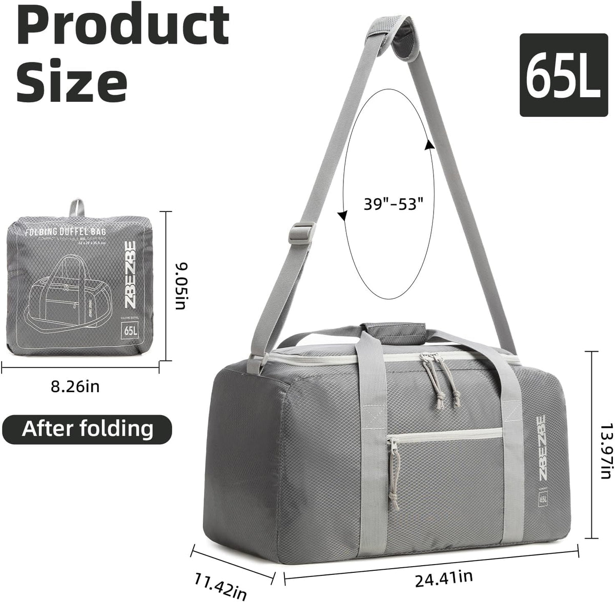 Foldable Travel Duffel Bag, 37L Lightweight Carry-on Weekender Bag with Wet Pocket, Water-Repellent Packable Hospital & Sports Bag for Overnight Trip - Black