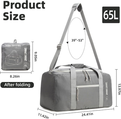 Foldable Travel Duffel Bag, 37L Lightweight Carry-on Weekender Bag with Wet Pocket, Water-Repellent Packable Hospital & Sports Bag for Overnight Trip - Black