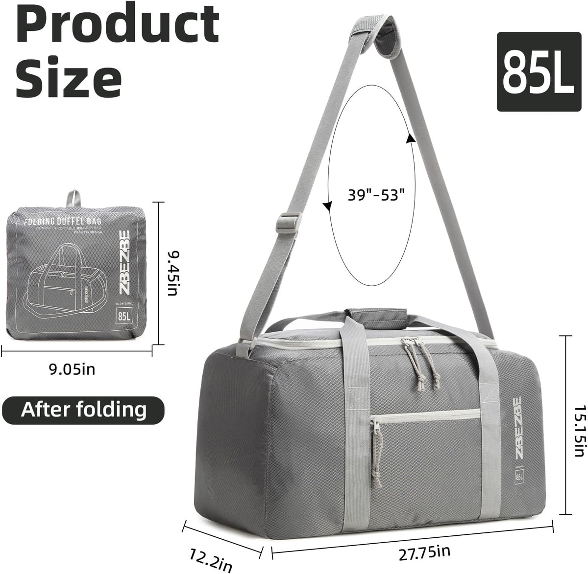 Foldable Travel Duffel Bag, 37L Lightweight Carry-on Weekender Bag with Wet Pocket, Water-Repellent Packable Hospital & Sports Bag for Overnight Trip - Black