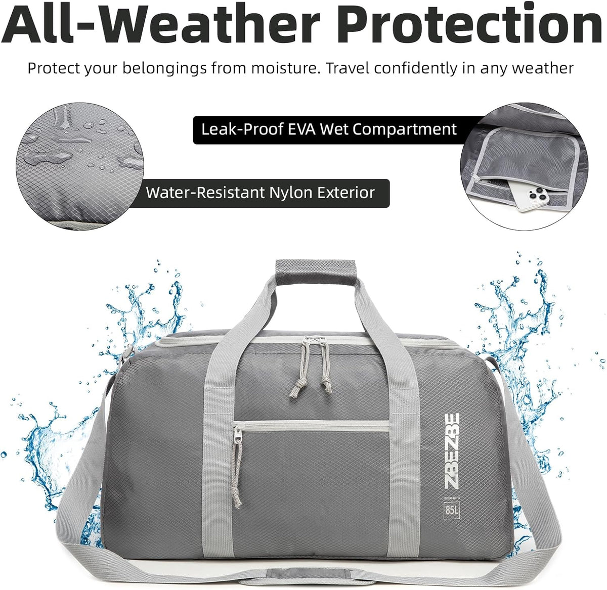 Foldable Travel Duffel Bag, 37L Lightweight Carry-on Weekender Bag with Wet Pocket, Water-Repellent Packable Hospital & Sports Bag for Overnight Trip - Black