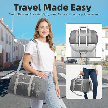 Foldable Travel Duffel Bag, 37L Lightweight Carry-on Weekender Bag with Wet Pocket, Water-Repellent Packable Hospital & Sports Bag for Overnight Trip - Black