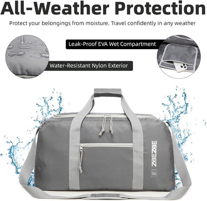 Foldable Travel Duffel Bag, 37L Lightweight Carry-on Weekender Bag with Wet Pocket, Water-Repellent Packable Hospital & Sports Bag for Overnight Trip - Black